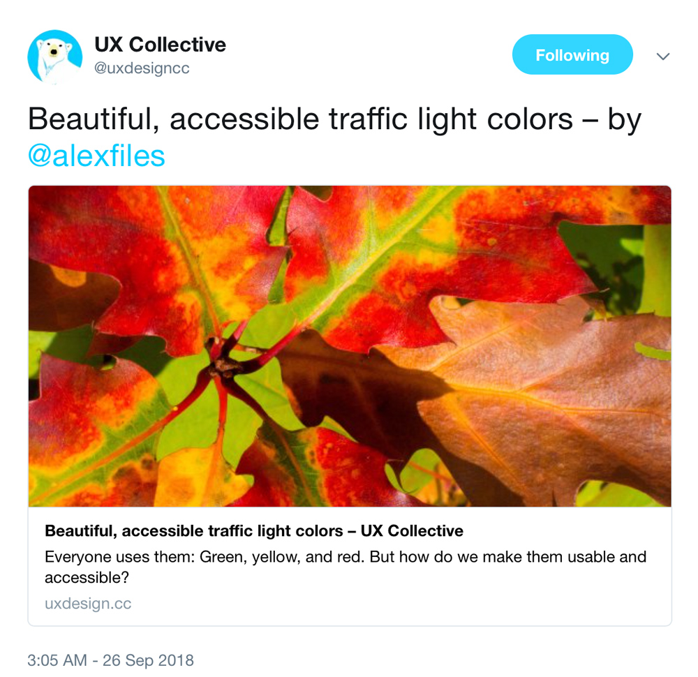 UX Collective tweet about Alex's accessibility article